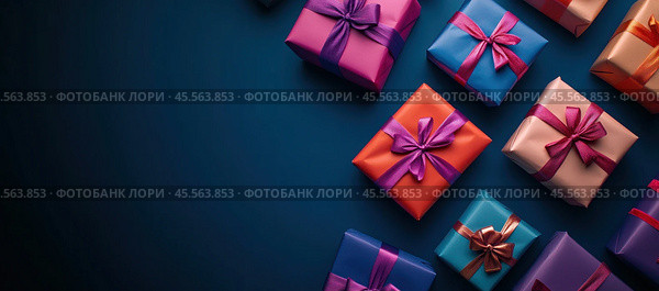 Blue dark velvety background with gift boxes and a place for writing. Стоковое AI-изображение, AI-художник Ярославский Максим / Фотобанк Лори