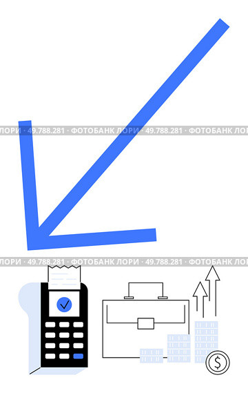 Blue downward arrow, calculator with receipt, briefcase, and growth charts. Ideal for finance, accounting, business growth, economic analysis, investment strategy financial planning cost reduction. Blue Arrow, Calculator, Briefcase, and Increasing Graphs Depicting Financial Analysis and Business Growth. Стоковая иллюстрация, агентство Ingram Publishing / Фотобанк Лори