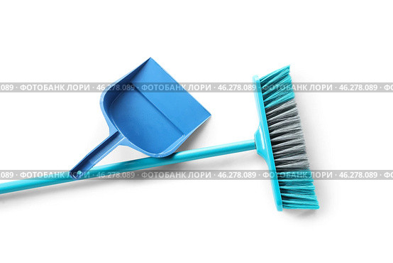 Blue dustpan and broom on white background. Стоковое фото, фотограф Pixel_shot / Фотобанк Лори