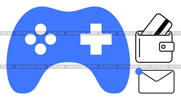 Blue gaming controller next to wallet with cards and an email notification. Ideal for gaming, e-commerce, communication, digital transactions, notifications, tech setups, and financial apps. Line. Gaming Controller with Wallet and Credit Card, and Email Notification Icons. Стоковая иллюстрация, агентство Ingram Publishing / Фотобанк Лори