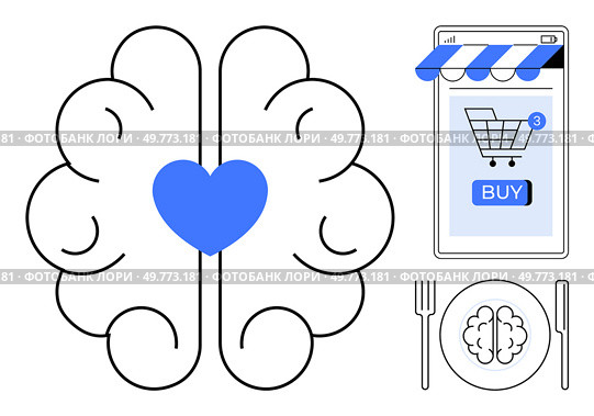 Blue heart within a brain, a shopping cart on a smartphone with a blue buy button, plate with brain design beside cutlery. Ideal for cognitive health, e-commerce, nutrition, technology, lifestyle. Connection Between Brain Activity, E-commerce, and Healthy Eating in Modern Life. Стоковая иллюстрация, агентство Ingram Publishing / Фотобанк Лори