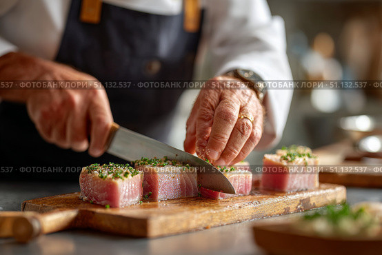 Blue Marlin Swordfish being expertly sliced by chef on wooden cutting board in kitchen setting. Стоковое AI-изображение, AI-художник Гайфуллина Дина / Фотобанк Лори