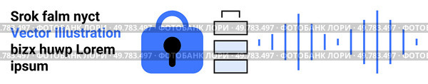 Blue padlock icon adjacent to a data stack and sound wave, representing cybersecurity and data protection. Ideal for technology presentations, IT articles, online security guides, educational. Cybersecurity Concept with Padlock, Data Stack, and Sound Wave Elements. Стоковая иллюстрация, агентство Ingram Publishing / Фотобанк Лори