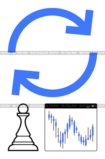 Blue refresh arrows, chess pawn, and financial candlestick chart window. Ideal for finance, strategy, investment, market analysis, continuous improvement business planning decision making. Line. Strategy Planning and Financial Analysis Concept with Refresh Arrows, Chess Pawn, and Candlestick Chart. Стоковая иллюстрация, агентство Ingram Publishing / Фотобанк Лори