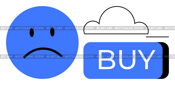 Blue sad face emotion beside a BUY button with a cloud download icon. Ideal for online shopping, e-commerce, consumer behavior, digital downloads, emotional marketing, decision making, user. Blue sad face emotion beside a purchase button with a cloud download icon on a white background. Стоковая иллюстрация, агентство Ingram Publishing / Фотобанк Лори