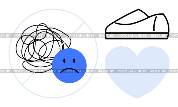Blue sad face overlaying crossed-out scribbles, outlined shoe, and heart symbol. Ideal for mental well-being, emotional health, self-care messages, therapy, support services, stress management. Blue Sad Face with No Scribbles, Heart Shape, and Shoe Outline Representing Mental Health and Well-being. Стоковая иллюстрация, агентство Ingram Publishing / Фотобанк Лори