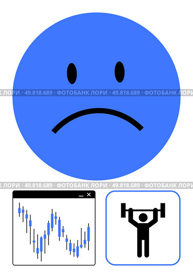 Blue sad face, stock market chart, weightlifter icon. Ideal for mental health, stock market fluctuations, fitness challenges, emotional contrasts, market instability, exercise motivation wellness. Blue sad face with stock chart and weightlifter icon, representing mixed emotions and outcomes. Стоковая иллюстрация, агентство Ingram Publishing / Фотобанк Лори