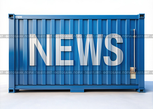 Blue Shipping Container With News Printed on the Side. Generative AI. Стоковое AI-изображение, AI-художник Roman Zavorotny / Фотобанк Лори