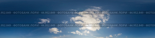 Blue sky panorama with puffy Cumulus clouds. Seamless hdr pano in spherical equirectangular format. Sky dome or zenith for 3D visualization, game and sky replacement for aerial drone 360 panoramas. Стоковое фото, фотограф Вера Грабчук / Фотобанк Лори