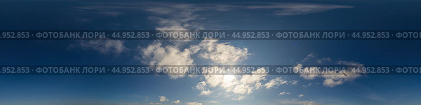 Blue sky panorama with puffy Cumulus clouds. Seamless hdr pano in spherical equirectangular format. Sky dome or zenith for 3D visualization, game and sky replacement for aerial drone 360 panoramas. Стоковое фото, фотограф Вера Грабчук / Фотобанк Лори