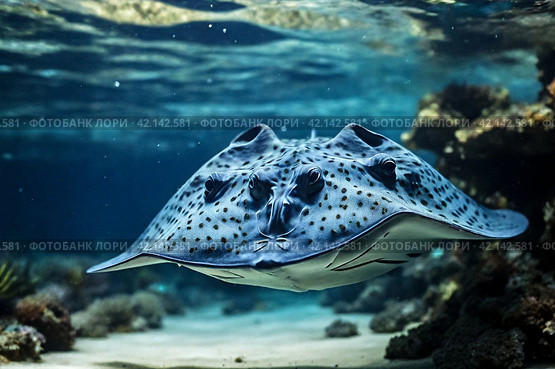 Blue spotted stingray (Myliobatoidei) cartilaginous fish on sandy bottom in tropical underwaters. Skate in underwater wild animal world. Observation of wildlife ocean. Scuba diving in Ecuador coast. Стоковое AI-изображение, AI-художник Aleksandr Golubev / Фотобанк Лори