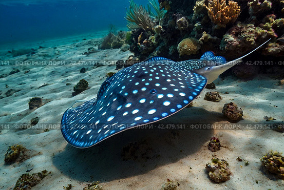 Blue spotted stingray (Myliobatoidei) cartilaginous fish on sandy bottom in tropical underwaters. Skate in underwater wild animal world. Observation of wildlife ocean. Scuba diving in Ecuador coast. Стоковое AI-изображение, AI-художник Aleksandr Golubev / Фотобанк Лори