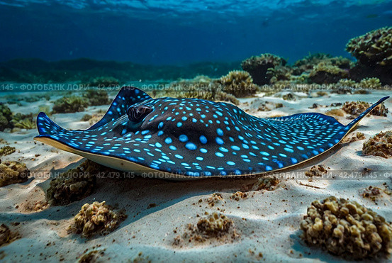 Blue spotted stingray (Myliobatoidei) cartilaginous fish on sandy bottom in tropical underwaters. Skate in underwater wild animal world. Observation of wildlife ocean. Scuba diving in Ecuador coast. Стоковое AI-изображение, AI-художник Aleksandr Golubev / Фотобанк Лори