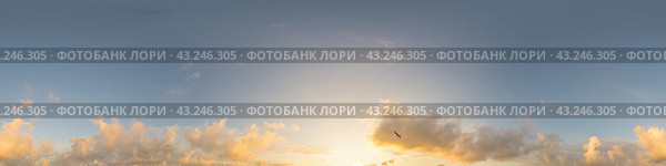 Blue sunset sky panorama with puffy Cumulus clouds. Seamless hdr pano in spherical equirectangular format. Complete zenith for 3D visualization, game and sky replacement for aerial drone 360 panoramas. Стоковое фото, фотограф Вера Грабчук / Фотобанк Лори