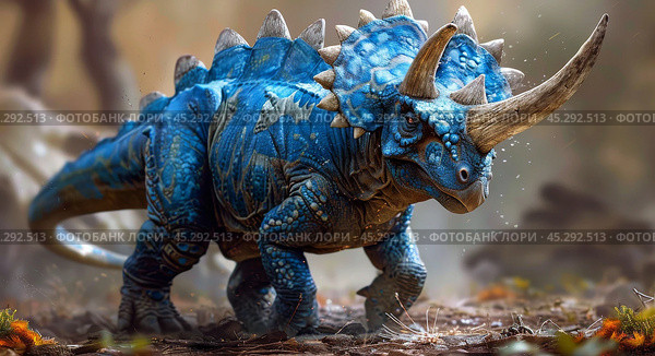 Blue Triceratops Dinosaur In Forest. Стоковое AI-изображение, AI-художник Юлия Гапеенко / Фотобанк Лори