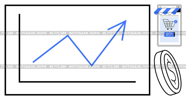 Blue upward graph line on black axis, online shopping cart with buy button, and dollar coin. Ideal for ecommerce, sales, growth, financial success, market trends. Clean minimalist style. Shopping Cart and Increasing Graph Line with Coin E-commerce Business Growth and Money Concept. Стоковая иллюстрация, агентство Ingram Publishing / Фотобанк Лори