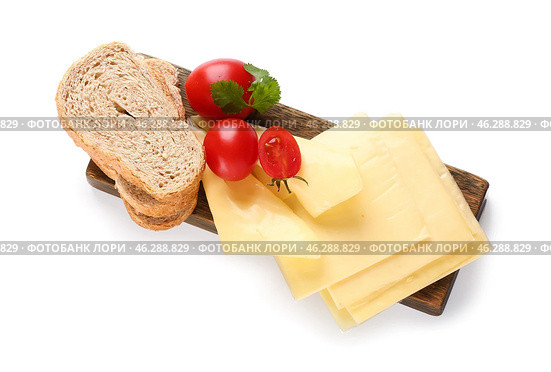 Board of tasty processed cheese with tomatoes and bread on white background. Стоковое фото, фотограф Pixel_shot / Фотобанк Лори