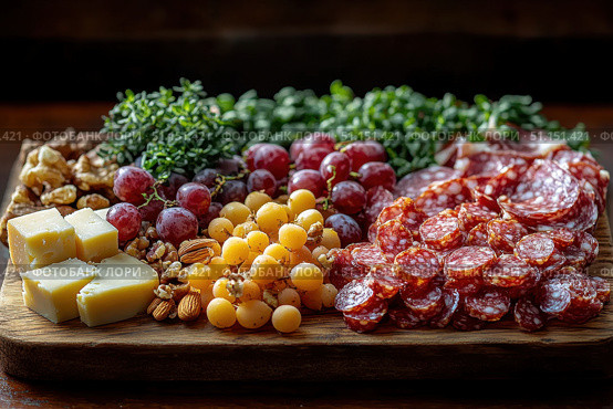Board with an assortment of cured meats, cheeses, fresh fruits, nuts, and artisan bread arranged on a wooden board. gastronomic tour concept. Culinary video blog. Стоковое AI-изображение, AI-художник Ирина Михайличенко / Фотобанк Лори