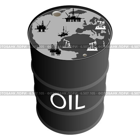 Бочка с нефтепродуктами, абстрактной картой мира и нефтедобывающими платформами. Иллюстрация на белом фоне. Стоковая иллюстрация, иллюстратор Сергей Скрыль / Фотобанк Лори