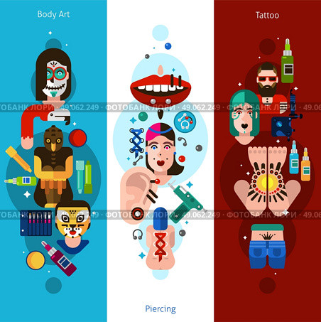 Bodyart Tattoo Piercing Vertical Banners. Vertical banners drawn in flat style contained bodyart piercing and tattoo icons vector illustration. Стоковая иллюстрация, агентство Ingram Publishing / Фотобанк Лори