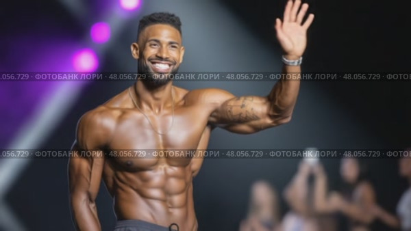 Bodybuilder waving on stage during competition. Стоковое AI-видео, аниматор Юрий Поздников / Фотобанк Лори
