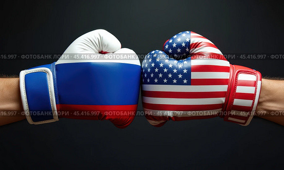 Боксерские перчатки в цветах флагов России и США. Концепция противостояния государств. Стоковое AI-изображение, AI-художник Илья Старков / Фотобанк Лори
