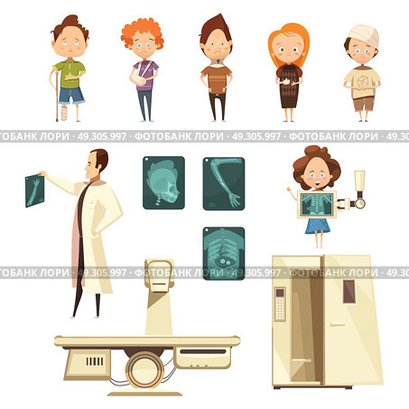 Bone Injury X-ray Cartoon Icons Collection. Bones fracture and injuries x-ray radiology diagnostics facilities patients doctor cartoon icons collection isolated vector illustration. Стоковая иллюстрация, агентство Ingram Publishing / Фотобанк Лори
