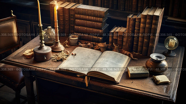 books desk from top. Стоковое AI-изображение, AI-художник Vectorwin / Фотобанк Лори