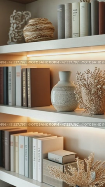 Bookshelf decor changes, exploring different arrangements. Стоковое AI-видео, аниматор Юрий Поздников / Фотобанк Лори
