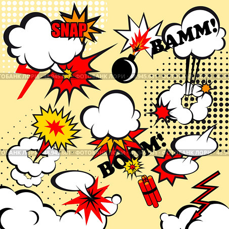 Boom comic snap humor fun template design for superhero book vector illustration. Стоковая иллюстрация, агентство Ingram Publishing / Фотобанк Лори