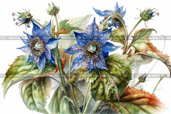 Borage on a white background, watercolor painting , Generative AI. Стоковое AI-изображение, AI-художник Анна Кривицкая / Фотобанк Лори