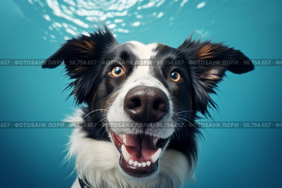 Border collie dog swimming underwater with happy expression. Стоковое AI-изображение, AI-художник Иван Рябоконь / Фотобанк Лори