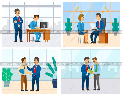 Boss and employee vector, woman in office answering question of employer. Supervising novice at work, director unsatisfied with completion of task. Boss Supervising Novice, Interview with Newcomer. Стоковая иллюстрация, агентство Ingram Publishing / Фотобанк Лори