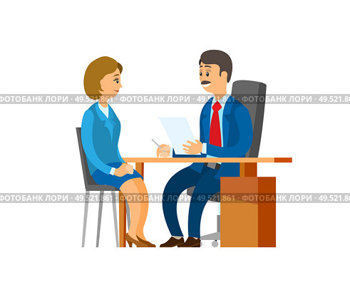 Boss of company, hiring new woman worker at office vector. Chef executive sitting in chair interviewing lady, director reading cv resume of candidate. Boss of Company, Hiring New Woman Worker at Office. Стоковая иллюстрация, агентство Ingram Publishing / Фотобанк Лори