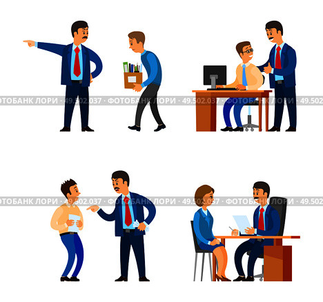 Boss professional director interacting with workers vector. Man leaders of company supervising man, recruitment workers employment and fire, discharge. Boss Professional Director Interacting Workers. Стоковая иллюстрация, агентство Ingram Publishing / Фотобанк Лори