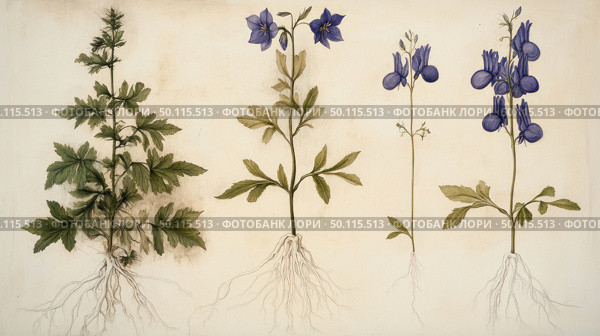 Botanical illustration of four different herbaceous plants with blue flowers and a detailed root system. The work is done in the style of a scientific drawing on a light background, with fine detailing of leaves, stems, flowers and roots. The composition emphasizes the natural diversity and anatomical structure of plants. The image is suitable for use in educational materials, encyclopedias, environmental publications and interior design in a natural or vintage style. Стоковое AI-изображение, AI-художник Анна Кривицкая / Фотобанк Лори