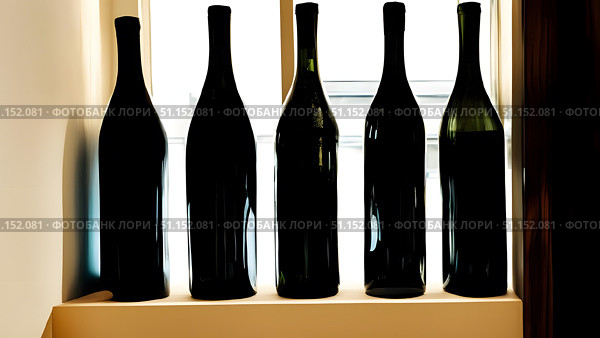 Bottles of wine on shelf in store. Стоковое AI-изображение, AI-художник Дмитрий Нечаев / Фотобанк Лори