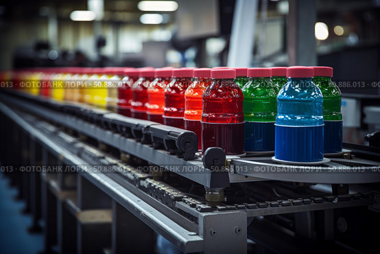 Bottling plant conveyor belt carrying colorful liquid products. Стоковое AI-изображение, AI-художник Иван Рябоконь / Фотобанк Лори