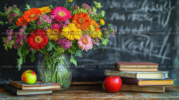 Bouquet of gerbera flowers in glass vase standing on teacher's desk. Стоковое AI-изображение, AI-художник Юрий Поздников / Фотобанк Лори