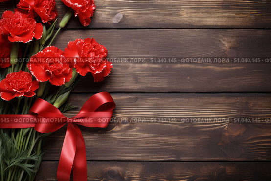 Bouquet of red carnations tied with ribbon lying on rustic wooden table. Стоковое AI-изображение, AI-художник Иван Рябоконь / Фотобанк Лори