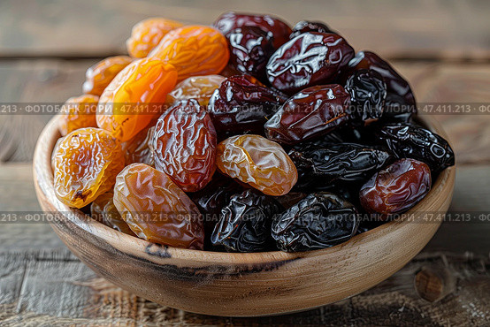 Bowl of Combine dried fruits (dates, prunes, apricots, raisins) and nuts. миска комбинированных сухофруктов (финики, чернослив, абрикосы, изюм) и орехи. Стоковое AI-изображение, AI-художник Katsiaryna Repich / Фотобанк Лори