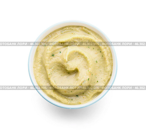 Bowl with tasty baba ghanoush on white background, top view. Стоковое фото, фотограф Pixel_shot / Фотобанк Лори