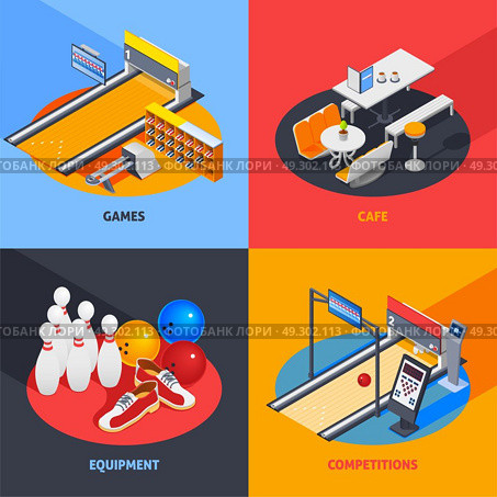 Bowling Colorful Isometric Compositions. Bowling colorful isometric compositions including game equipment with return system, cafe, sports gear, competitions isolated vector illustration. Стоковая иллюстрация, агентство Ingram Publishing / Фотобанк Лори