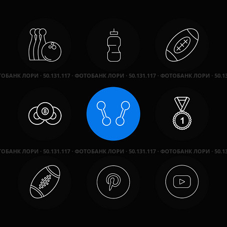 bowling , medal , rugby , pintrest , dumbell , sports , games , fitness , athletics , football , bodybuilding , snooker , ball , cricket , tennis , stopwatch , golf  , social , media , icon, vector, design,  flat,  collection, style, creative,  icons. Стоковая иллюстрация, агентство Ingram Publishing / Фотобанк Лори