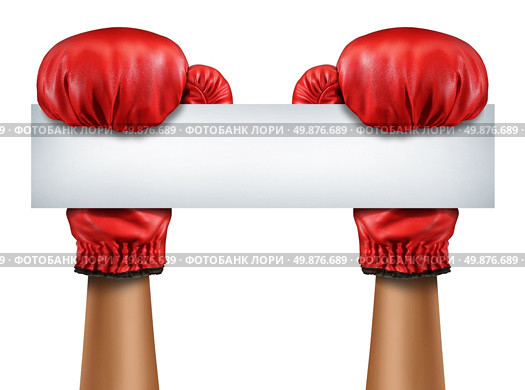 Boxing gloves blank sign as a fight and competition communication message with isolated red boxer equipment holding a horizontal blank white card as a business symbol of competitive sales. Стоковое фото, агентство Ingram Publishing / Фотобанк Лори