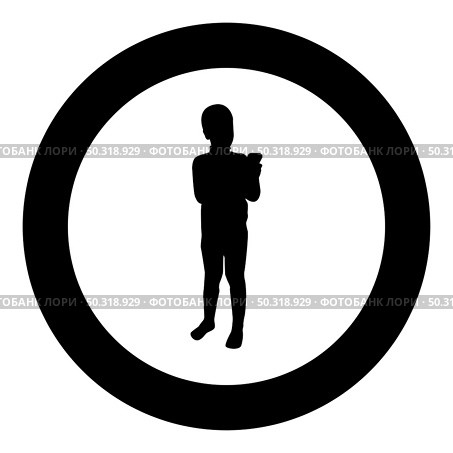 Boy holding smartphone phone Playing tablet Male using communication tool Adolescent looking phone addiction Concept dependency from modern technologies silhouette in circle round black color vector illustration solid outline style simple image. Boy holding smartphone phone Playing tablet Male using communication tool Adolescent looking phone addiction Concept dependency from modern technologies silhouette in circle round black color vector illustration solid outline style image. Стоковая иллюстрация, агентство Ingram Publishing / Фотобанк Лори