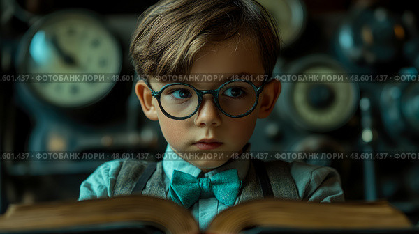 Boy immersed in reading a book with vintage gauges in workshop. Стоковое AI-изображение, AI-художник Данила Большаков / Фотобанк Лори