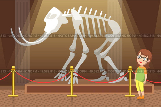 Boy in natural history museum. Exhibition with skeleton of mammoth with big white tusks and bones. Kid in glasses amazed by prehistoric animal. Child alone in hall. Flat cartoon vector illustration. Exhibition in Natural History Museum with Skeleton. Стоковая иллюстрация, агентство Ingram Publishing / Фотобанк Лори