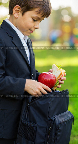Boy packing lunch with apple and sandwich in park. Стоковое AI-изображение, AI-художник Ольга Невская / Фотобанк Лори