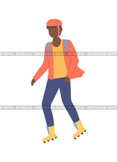 Boy rollerblading in casual clothes, full length and portrait view of man wearing helmet, person character going in rollerblades, urban activity vector. Man in Helmet Rollerblading, Urban Activity Vector. Стоковая иллюстрация, агентство Ingram Publishing / Фотобанк Лори